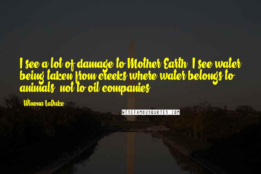 Winona LaDuke Quotes: I see a lot of damage to Mother Earth. I see water being taken from creeks where water belongs to animals, not to oil companies.