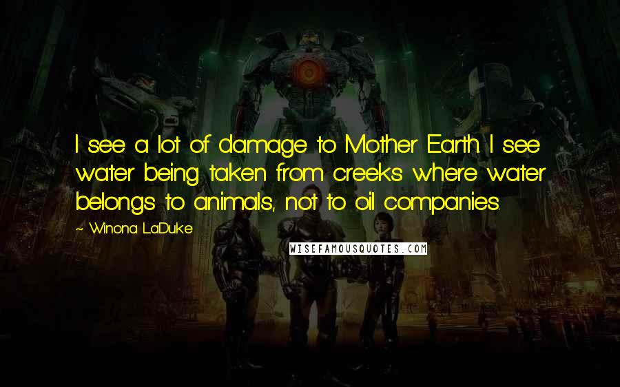 Winona LaDuke Quotes: I see a lot of damage to Mother Earth. I see water being taken from creeks where water belongs to animals, not to oil companies.