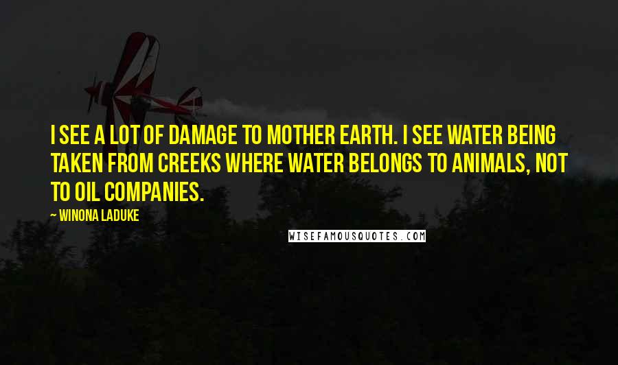 Winona LaDuke Quotes: I see a lot of damage to Mother Earth. I see water being taken from creeks where water belongs to animals, not to oil companies.