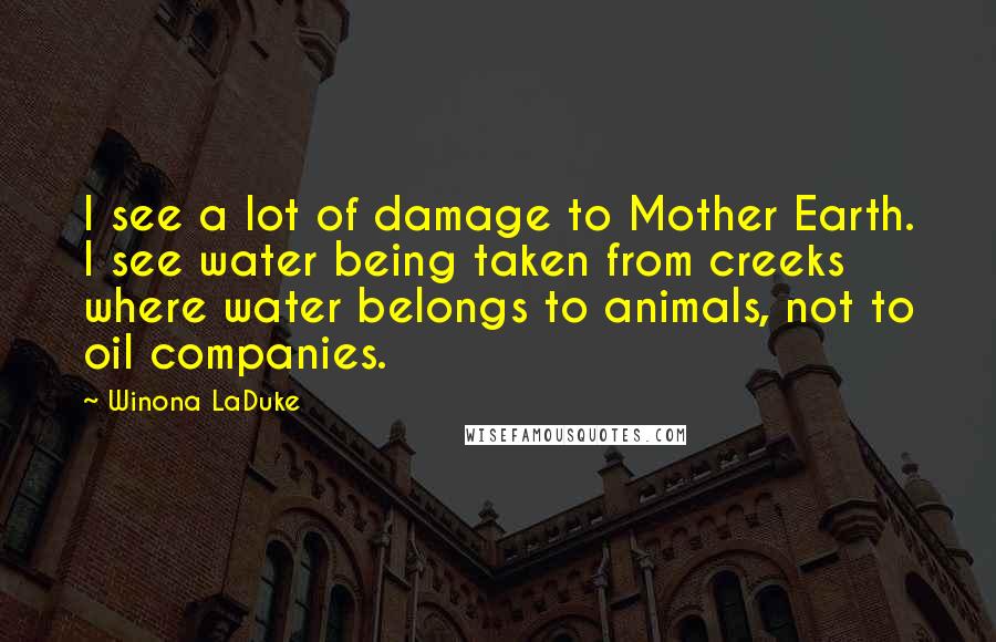 Winona LaDuke Quotes: I see a lot of damage to Mother Earth. I see water being taken from creeks where water belongs to animals, not to oil companies.