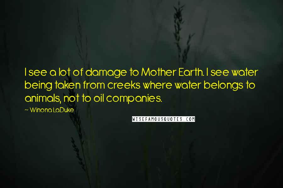 Winona LaDuke Quotes: I see a lot of damage to Mother Earth. I see water being taken from creeks where water belongs to animals, not to oil companies.