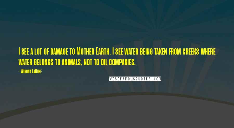 Winona LaDuke Quotes: I see a lot of damage to Mother Earth. I see water being taken from creeks where water belongs to animals, not to oil companies.