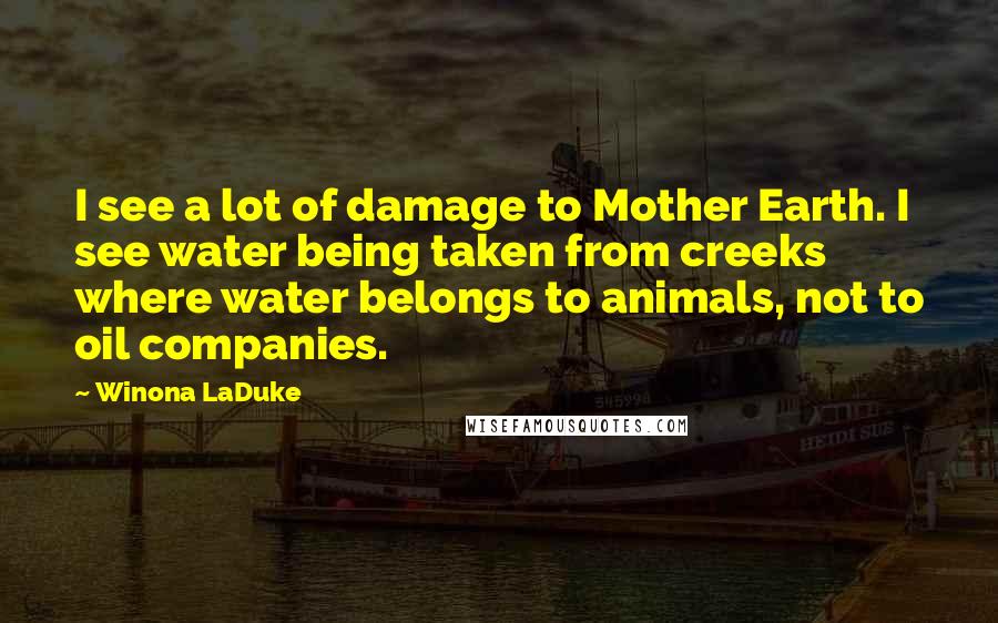 Winona LaDuke Quotes: I see a lot of damage to Mother Earth. I see water being taken from creeks where water belongs to animals, not to oil companies.