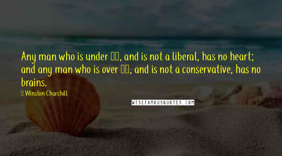 Winston Churchill Quotes: Any man who is under 30, and is not a liberal, has no heart; and any man who is over 30, and is not a conservative, has no brains.