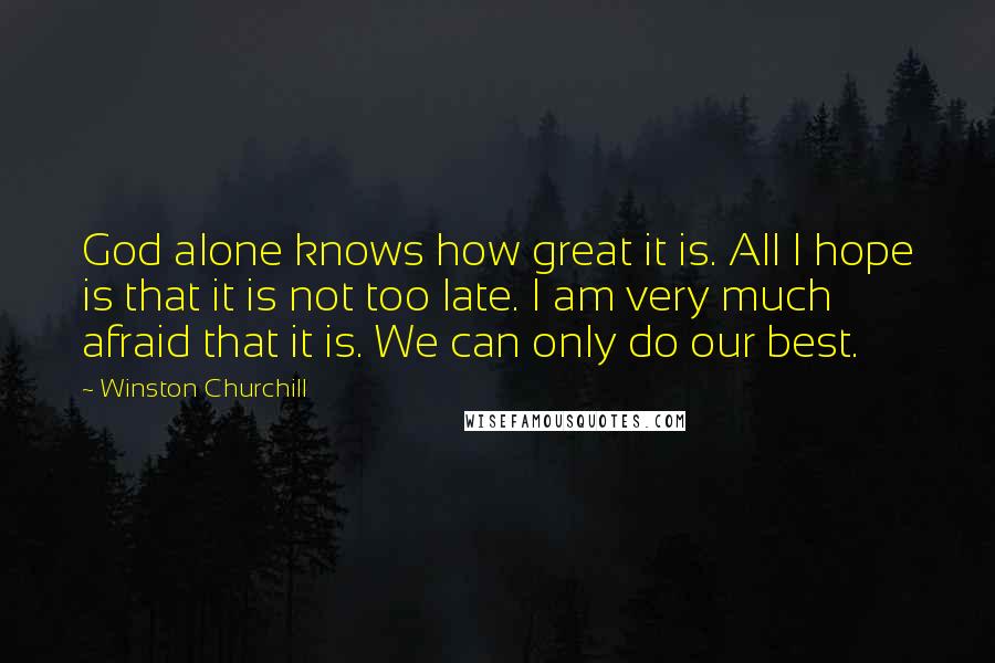 Winston Churchill Quotes: God alone knows how great it is. All I hope is that it is not too late. I am very much afraid that it is. We can only do our best.