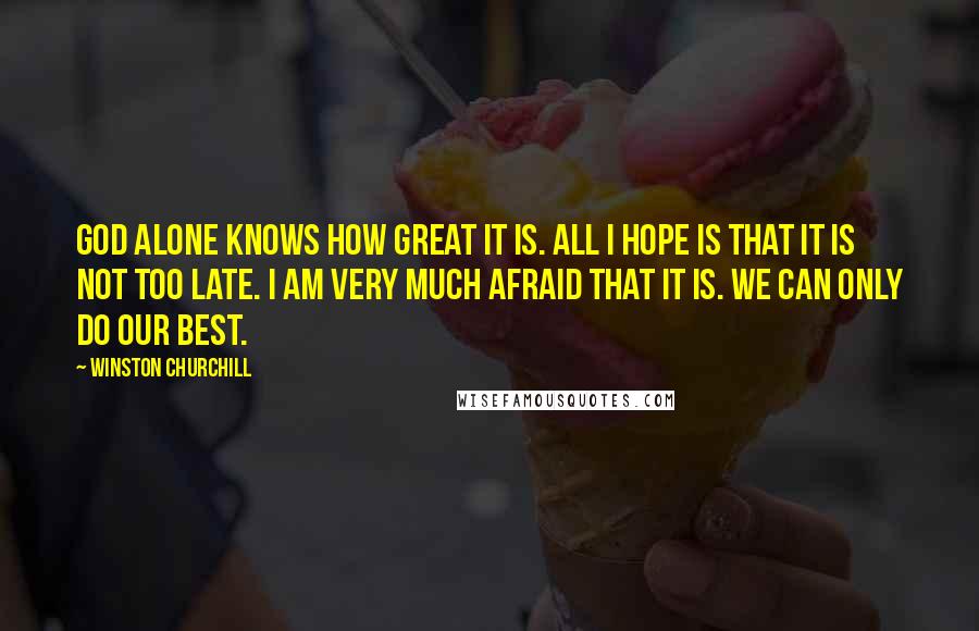 Winston Churchill Quotes: God alone knows how great it is. All I hope is that it is not too late. I am very much afraid that it is. We can only do our best.