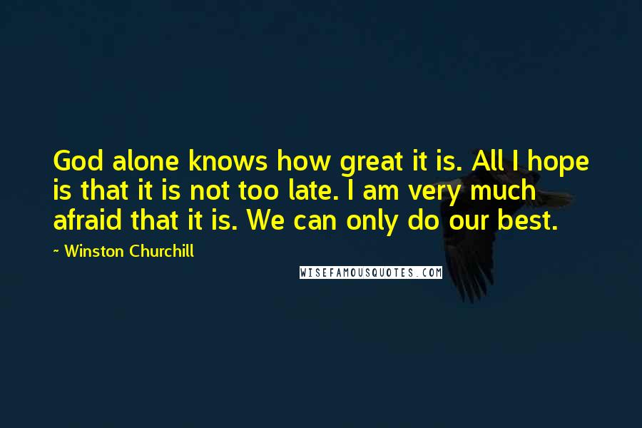 Winston Churchill Quotes: God alone knows how great it is. All I hope is that it is not too late. I am very much afraid that it is. We can only do our best.