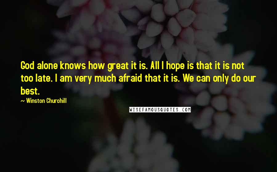 Winston Churchill Quotes: God alone knows how great it is. All I hope is that it is not too late. I am very much afraid that it is. We can only do our best.