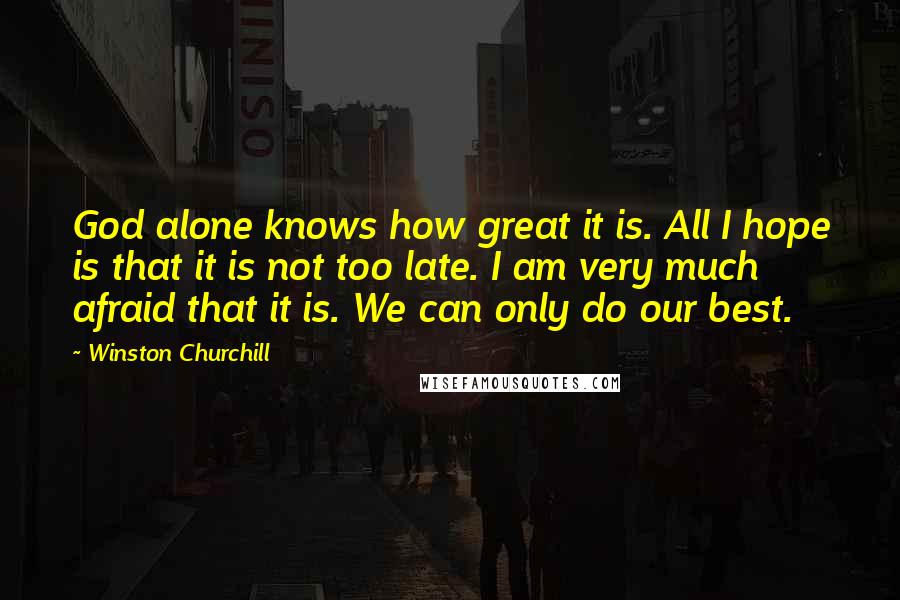 Winston Churchill Quotes: God alone knows how great it is. All I hope is that it is not too late. I am very much afraid that it is. We can only do our best.