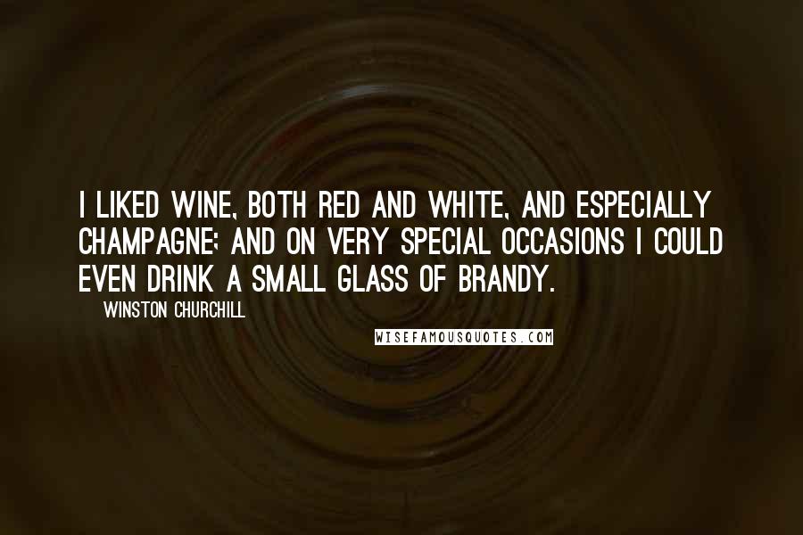 Winston Churchill Quotes: I liked wine, both red and white, and especially Champagne; and on very special occasions I could even drink a small glass of brandy.