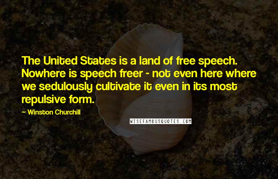 Winston Churchill Quotes: The United States is a land of free speech. Nowhere is speech freer - not even here where we sedulously cultivate it even in its most repulsive form.