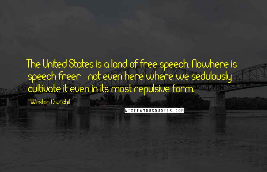 Winston Churchill Quotes: The United States is a land of free speech. Nowhere is speech freer - not even here where we sedulously cultivate it even in its most repulsive form.