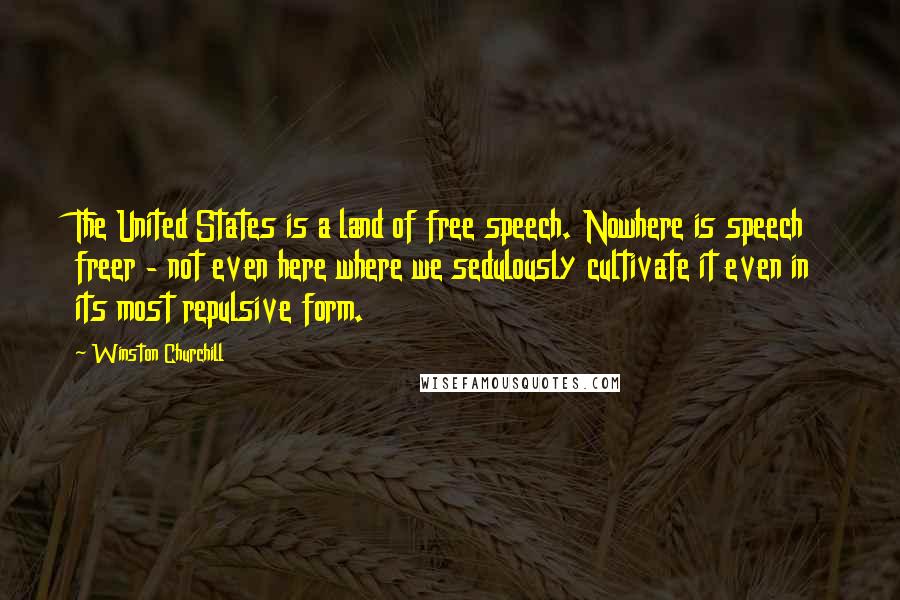 Winston Churchill Quotes: The United States is a land of free speech. Nowhere is speech freer - not even here where we sedulously cultivate it even in its most repulsive form.