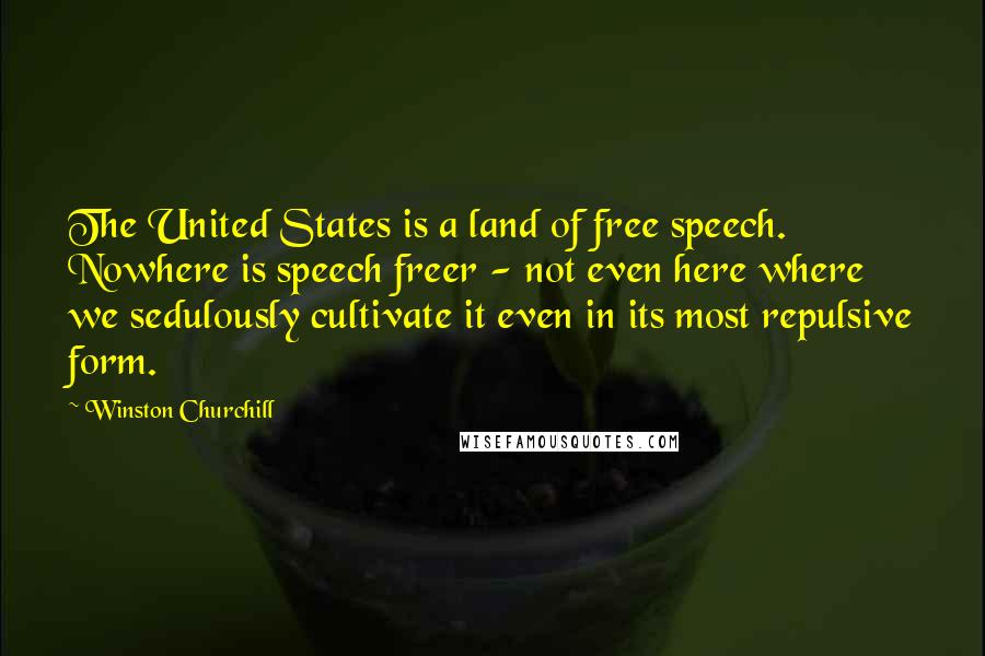 Winston Churchill Quotes: The United States is a land of free speech. Nowhere is speech freer - not even here where we sedulously cultivate it even in its most repulsive form.