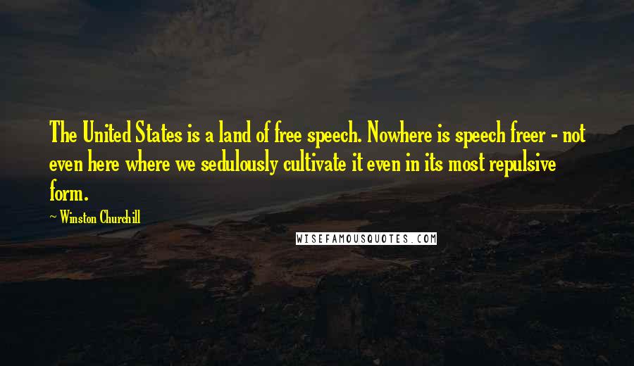 Winston Churchill Quotes: The United States is a land of free speech. Nowhere is speech freer - not even here where we sedulously cultivate it even in its most repulsive form.