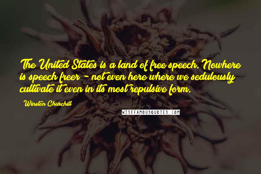 Winston Churchill Quotes: The United States is a land of free speech. Nowhere is speech freer - not even here where we sedulously cultivate it even in its most repulsive form.