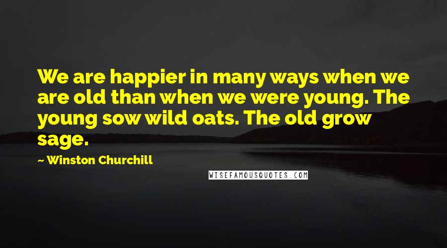 Winston Churchill Quotes: We are happier in many ways when we are old than when we were young. The young sow wild oats. The old grow sage.