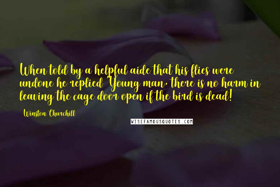 Winston Churchill Quotes: When told by a helpful aide that his flies were undone he replied 'Young man, there is no harm in leaving the cage door open if the bird is dead!