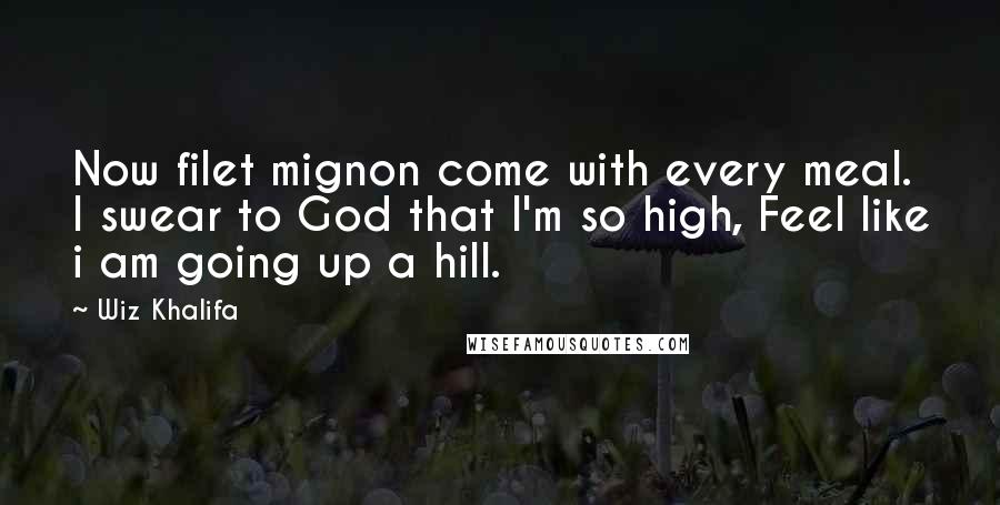 Wiz Khalifa Quotes: Now filet mignon come with every meal. I swear to God that I'm so high, Feel like i am going up a hill.