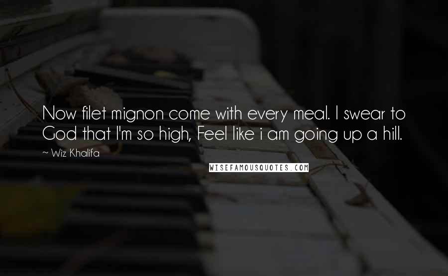 Wiz Khalifa Quotes: Now filet mignon come with every meal. I swear to God that I'm so high, Feel like i am going up a hill.