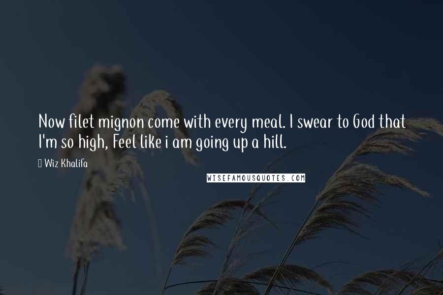 Wiz Khalifa Quotes: Now filet mignon come with every meal. I swear to God that I'm so high, Feel like i am going up a hill.