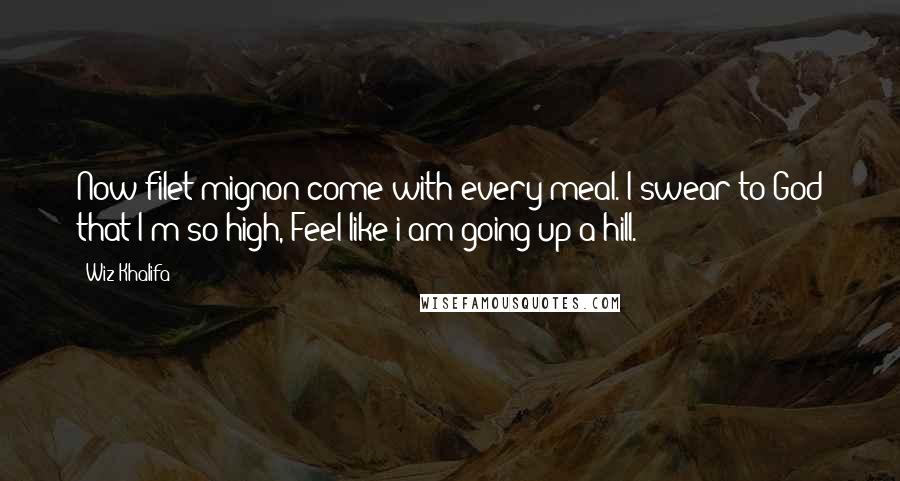 Wiz Khalifa Quotes: Now filet mignon come with every meal. I swear to God that I'm so high, Feel like i am going up a hill.