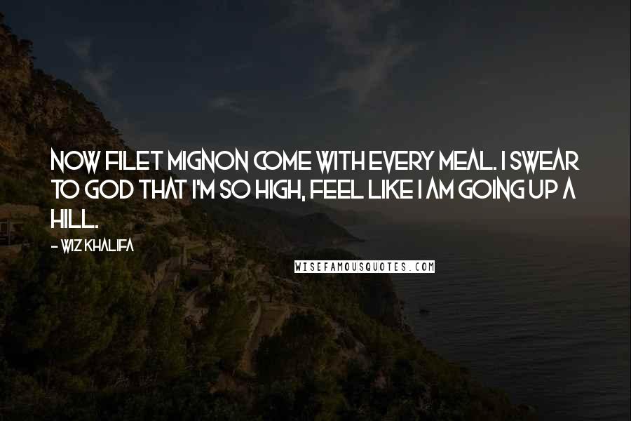 Wiz Khalifa Quotes: Now filet mignon come with every meal. I swear to God that I'm so high, Feel like i am going up a hill.
