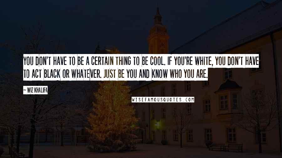 Wiz Khalifa Quotes: You don't have to be a certain thing to be cool. If you're white, you don't have to act black or whatever. Just be you and know who you are.