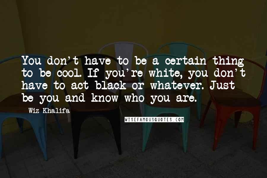 Wiz Khalifa Quotes: You don't have to be a certain thing to be cool. If you're white, you don't have to act black or whatever. Just be you and know who you are.