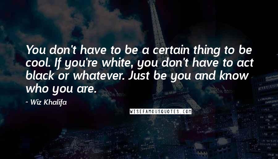 Wiz Khalifa Quotes: You don't have to be a certain thing to be cool. If you're white, you don't have to act black or whatever. Just be you and know who you are.