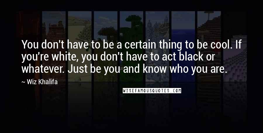 Wiz Khalifa Quotes: You don't have to be a certain thing to be cool. If you're white, you don't have to act black or whatever. Just be you and know who you are.