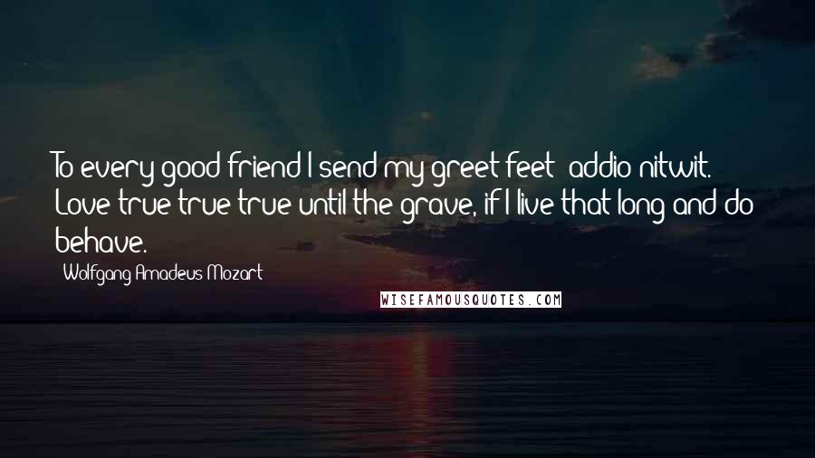 Wolfgang Amadeus Mozart Quotes: To every good friend I send my greet feet; addio nitwit. Love true true true until the grave, if I live that long and do behave.