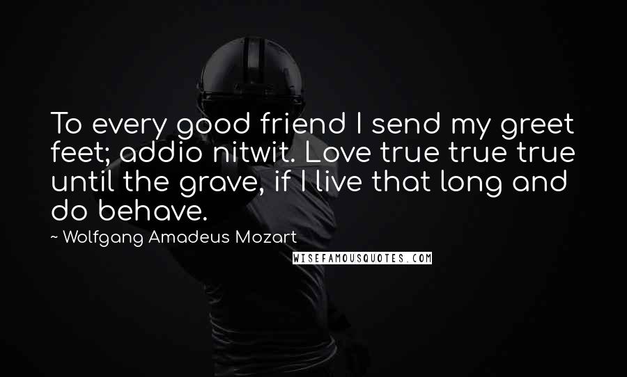 Wolfgang Amadeus Mozart Quotes: To every good friend I send my greet feet; addio nitwit. Love true true true until the grave, if I live that long and do behave.