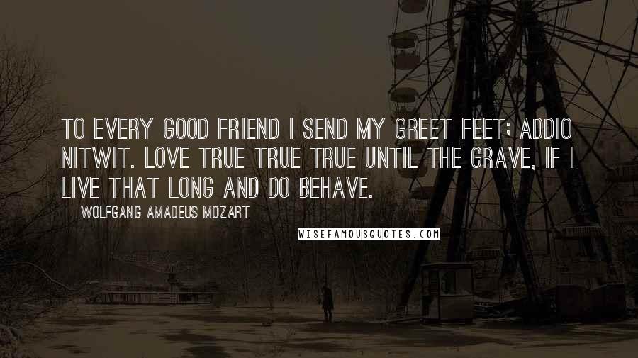 Wolfgang Amadeus Mozart Quotes: To every good friend I send my greet feet; addio nitwit. Love true true true until the grave, if I live that long and do behave.