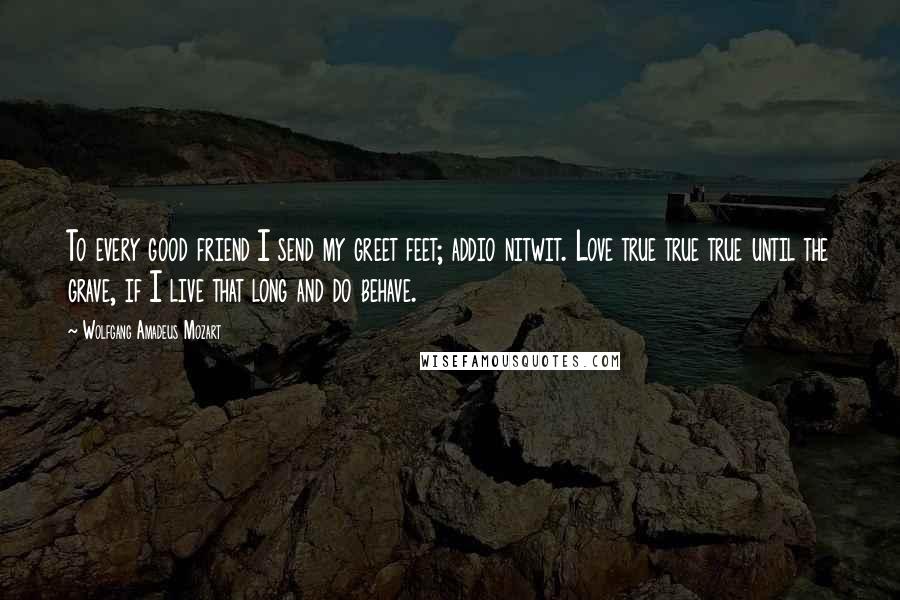 Wolfgang Amadeus Mozart Quotes: To every good friend I send my greet feet; addio nitwit. Love true true true until the grave, if I live that long and do behave.