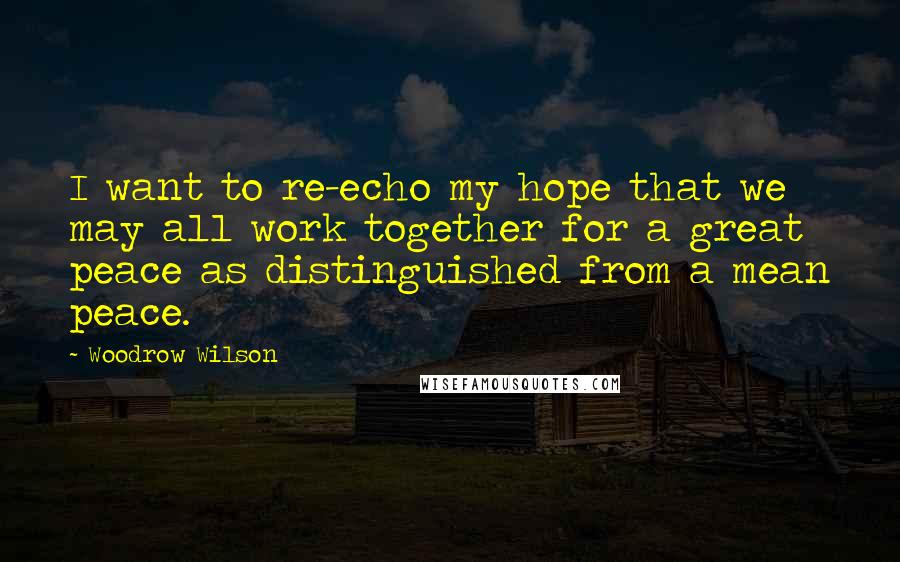 Woodrow Wilson Quotes: I want to re-echo my hope that we may all work together for a great peace as distinguished from a mean peace.
