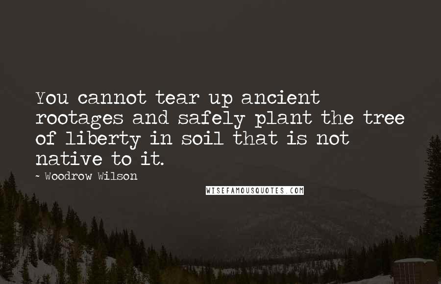 Woodrow Wilson Quotes: You cannot tear up ancient rootages and safely plant the tree of liberty in soil that is not native to it.