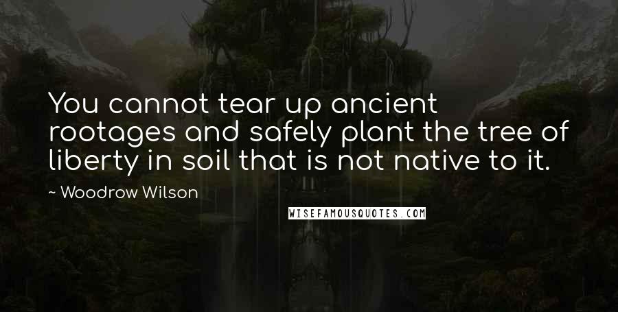 Woodrow Wilson Quotes: You cannot tear up ancient rootages and safely plant the tree of liberty in soil that is not native to it.