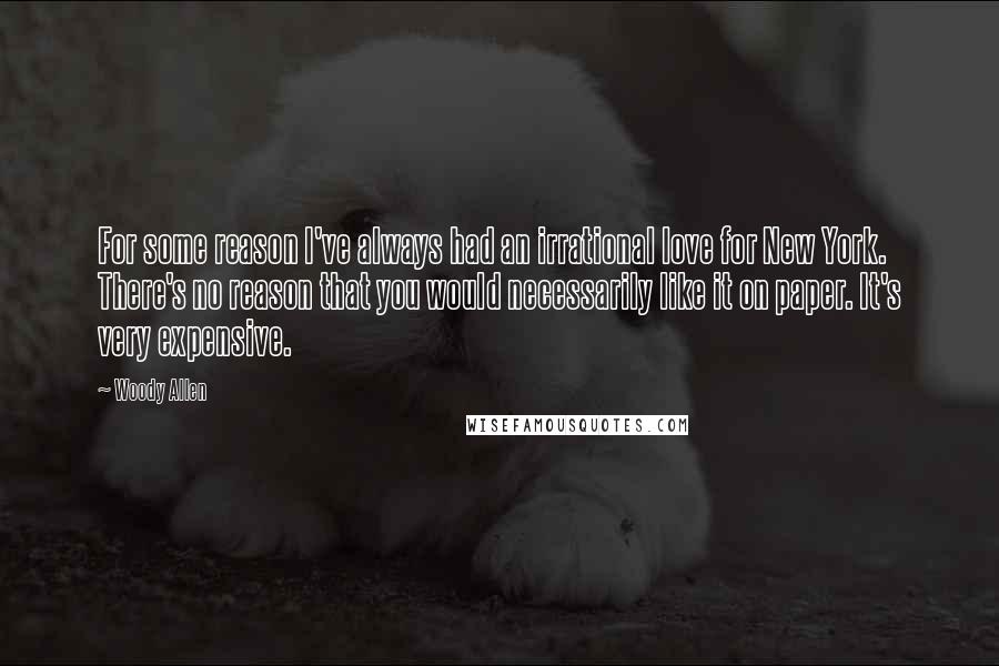 Woody Allen Quotes: For some reason I've always had an irrational love for New York. There's no reason that you would necessarily like it on paper. It's very expensive.