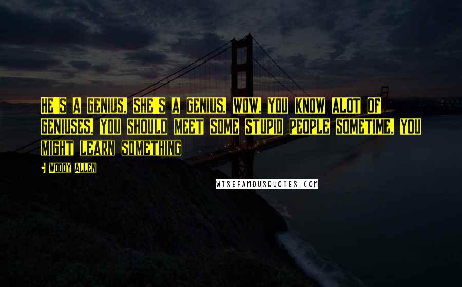 Woody Allen Quotes: He's a genius, she's a genius, wow, you know alot of geniuses, you should meet some stupid people sometime, you might learn something