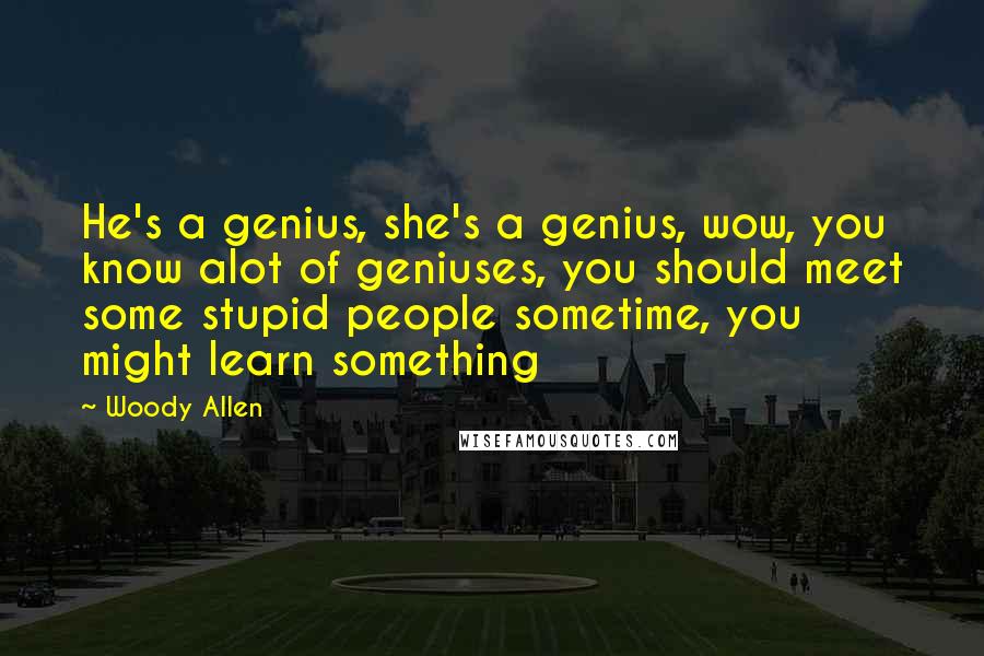 Woody Allen Quotes: He's a genius, she's a genius, wow, you know alot of geniuses, you should meet some stupid people sometime, you might learn something