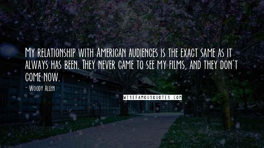 Woody Allen Quotes: My relationship with American audiences is the exact same as it always has been. They never came to see my films, and they don't come now.