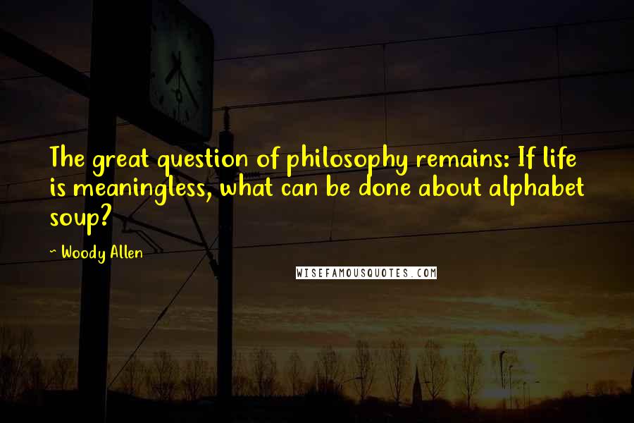 Woody Allen Quotes: The great question of philosophy remains: If life is meaningless, what can be done about alphabet soup?