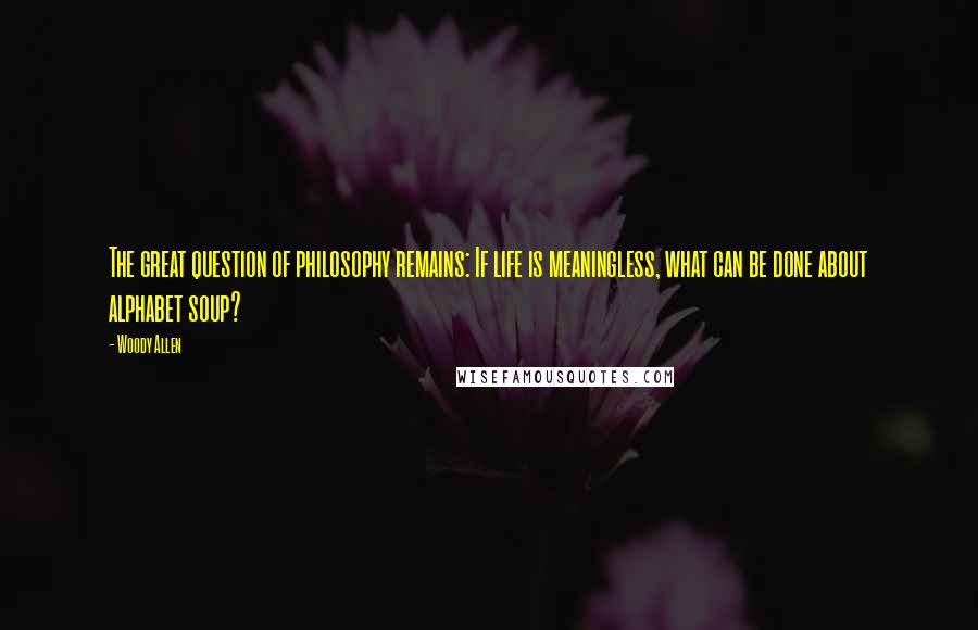 Woody Allen Quotes: The great question of philosophy remains: If life is meaningless, what can be done about alphabet soup?
