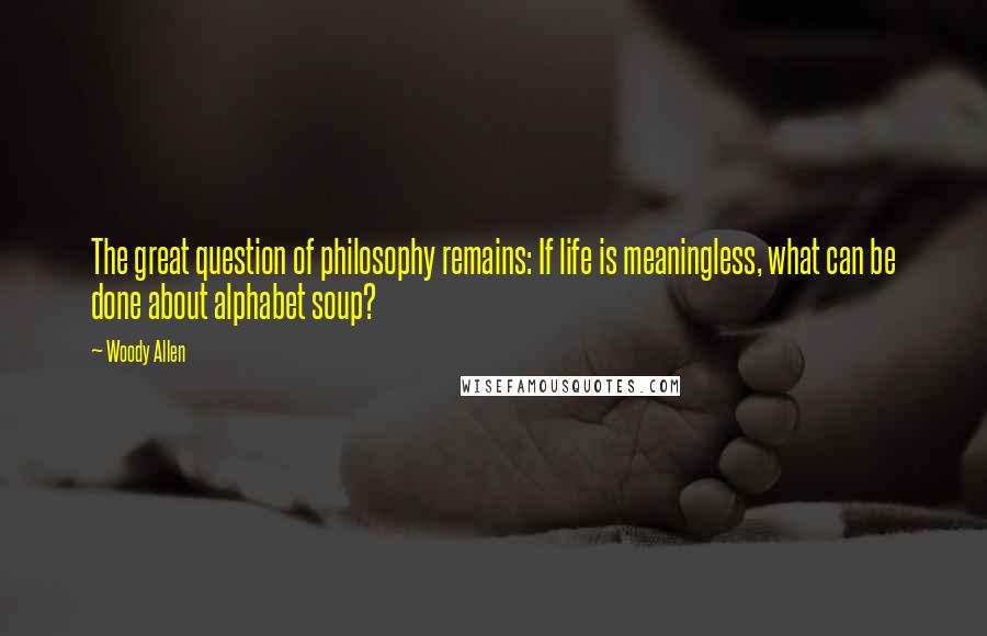 Woody Allen Quotes: The great question of philosophy remains: If life is meaningless, what can be done about alphabet soup?