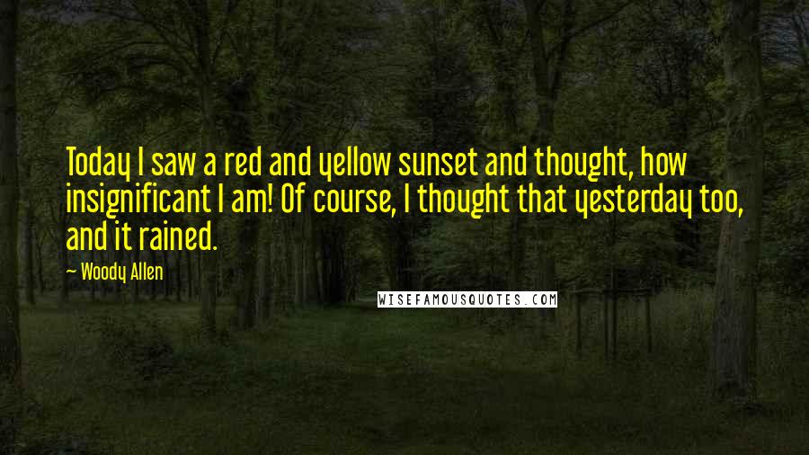 Woody Allen Quotes: Today I saw a red and yellow sunset and thought, how insignificant I am! Of course, I thought that yesterday too, and it rained.