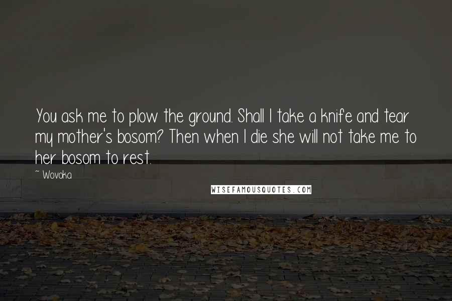 Wovoka Quotes: You ask me to plow the ground. Shall I take a knife and tear my mother's bosom? Then when I die she will not take me to her bosom to rest.