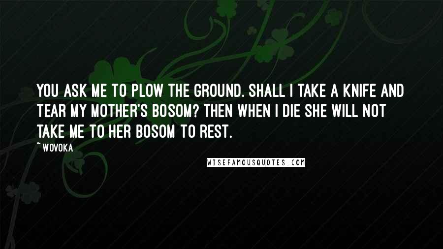 Wovoka Quotes: You ask me to plow the ground. Shall I take a knife and tear my mother's bosom? Then when I die she will not take me to her bosom to rest.
