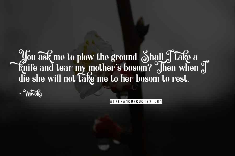 Wovoka Quotes: You ask me to plow the ground. Shall I take a knife and tear my mother's bosom? Then when I die she will not take me to her bosom to rest.