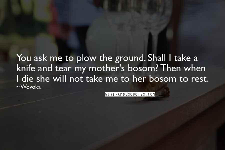 Wovoka Quotes: You ask me to plow the ground. Shall I take a knife and tear my mother's bosom? Then when I die she will not take me to her bosom to rest.